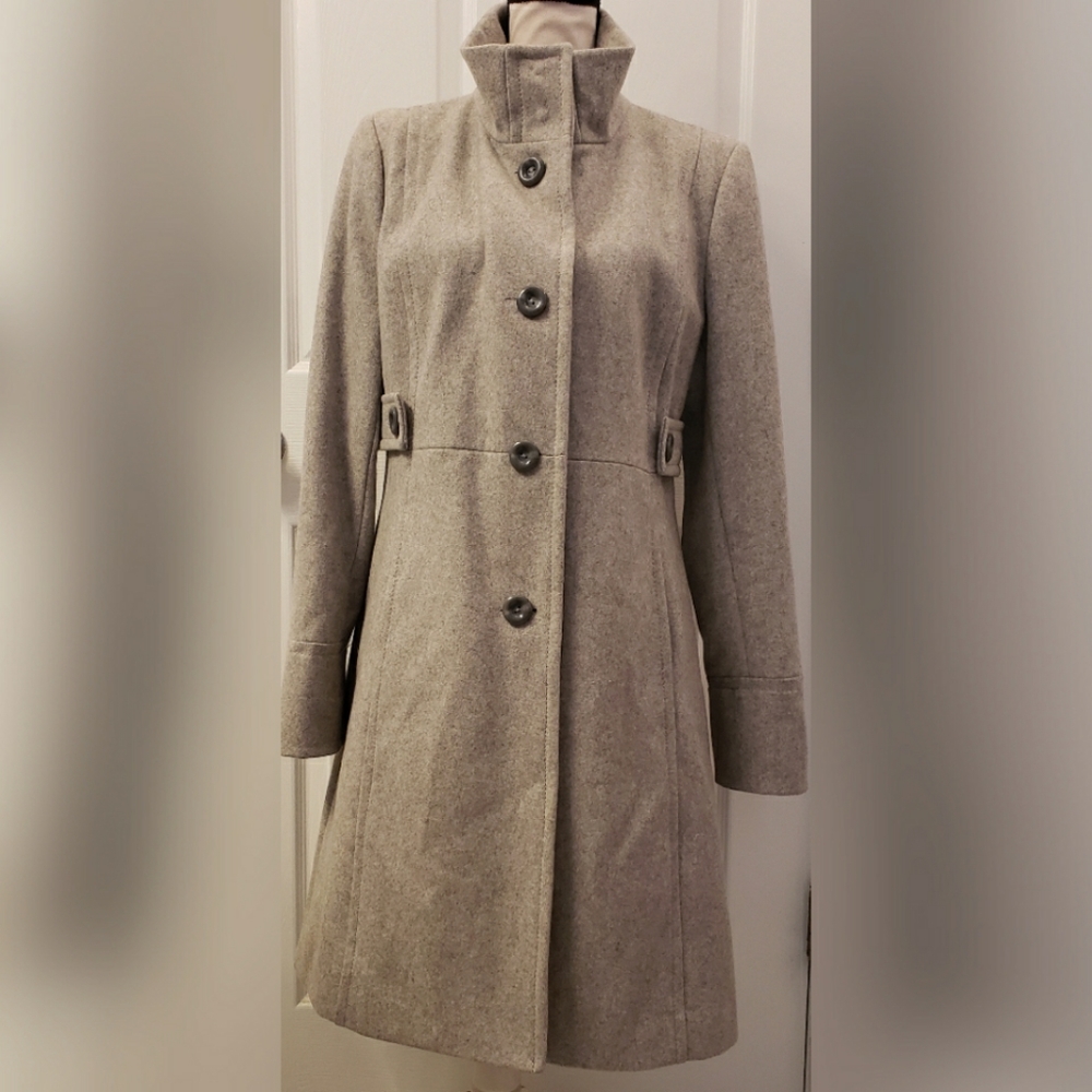 Nine West Gray Wool Pea Coat Long Button Up Fully Lined NWOT